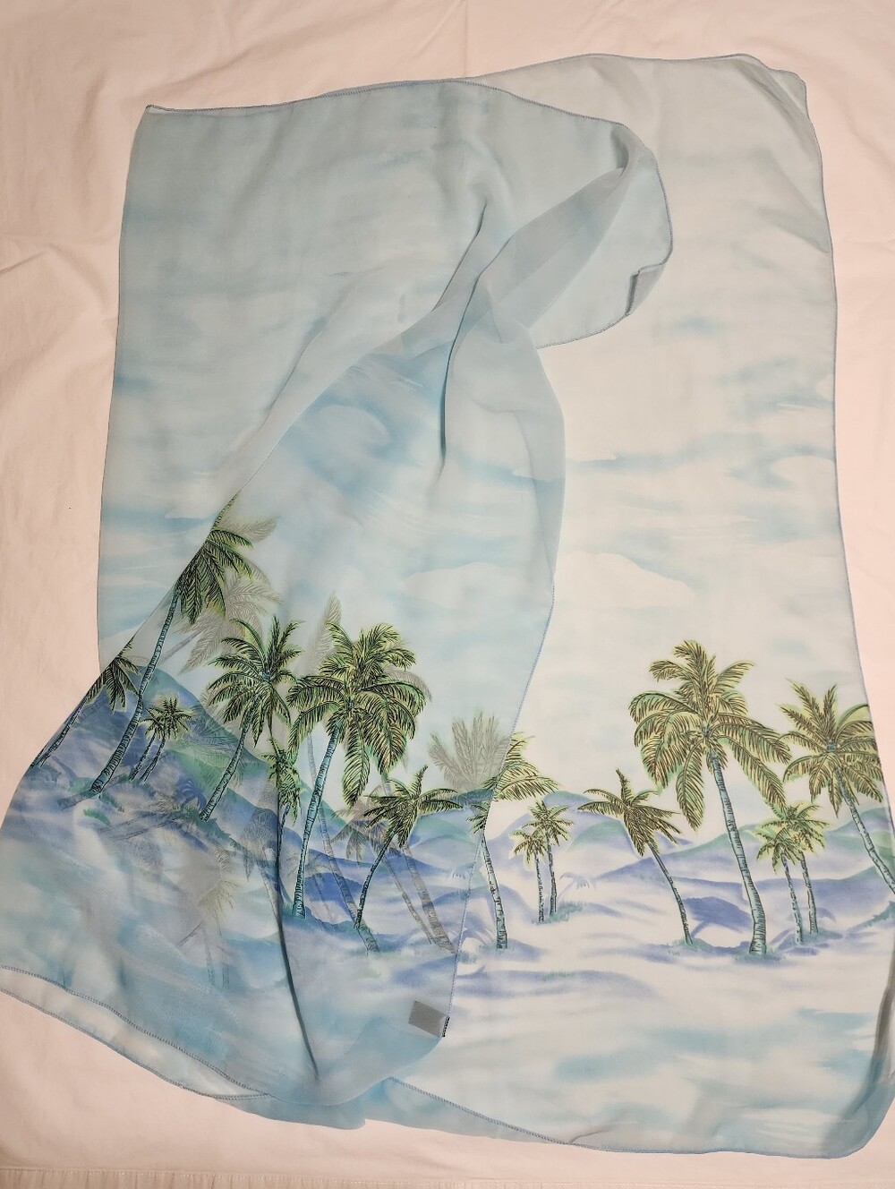Sheer Sky Blue Palm-Printed Scarf Or Sarong